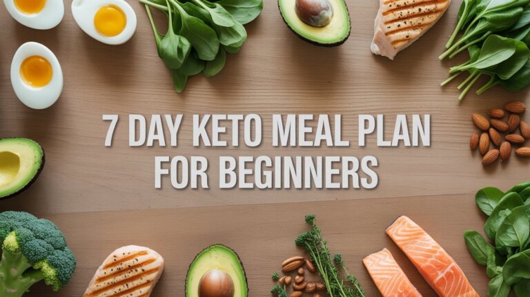 Create a clean and modern blog feature image for a health and nutrition article titled A Complete 7 Day Keto Meal Plan For Beginners. Show a visually appealing arrangement of keto foods including eggs avocado grilled chicken salmon leafy greens nuts and broccoli placed neatly on a wooden table. Use soft natural lighting with a fresh healthy lifestyle aesthetic. Add subtle depth and shadows to make the food look realistic and appetizing. Include bold readable center text that says 7 Day Keto Meal Plan For Beginners using a modern font. Keep the background minimal with neutral tones and ensure the overall design looks professional and Pinterest friendly.